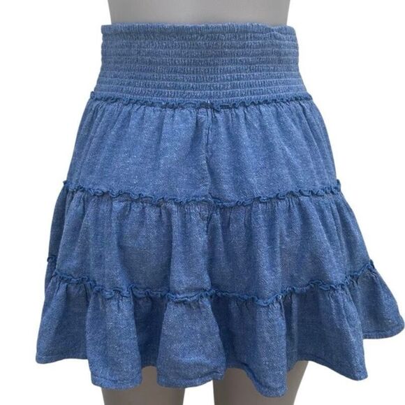 American Eagle Mini Skirt Women's Medium Blue Chambray Linen Blend Ruffle Tiered - Picture 7 of 10